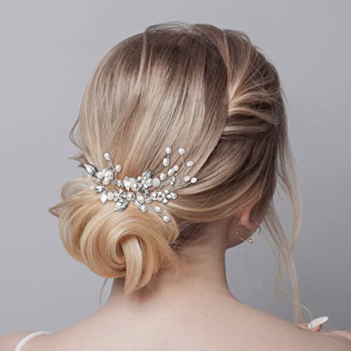 Brautschmuck, Etercycle Braut Kopfschmuck Hochzeit Haarspangen Kristall Haarnadeln Reben Blume Blatt Perle Haarschmuck für Braut (Silber) von Etercycle