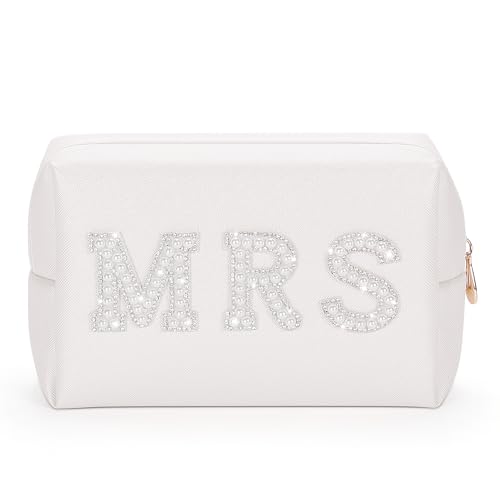 MRS Makeup Tasche, Etercycle Braut Hochzeitsgeschenk Kosmetiktasche, PU Reise Wasserdicht Brauttasche Toiletry Bag Perle Brief Strass Schminktasche für Frauen Mädchen Brautjungfer Geschenke(Silber) von Etercycle
