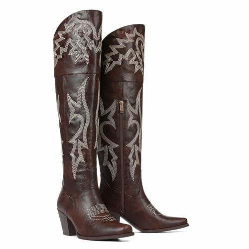 Eteridrey Oberschenkelhohe Cowboystiefel für Damen, spitzer Zehenbereich, klobige Absätze, breite Wade, Cowgirl-Stiefel, klassische bestickte Westernschuhe für den Sommer, 1 dunkelbraunes Polyurethan von Eteridrey