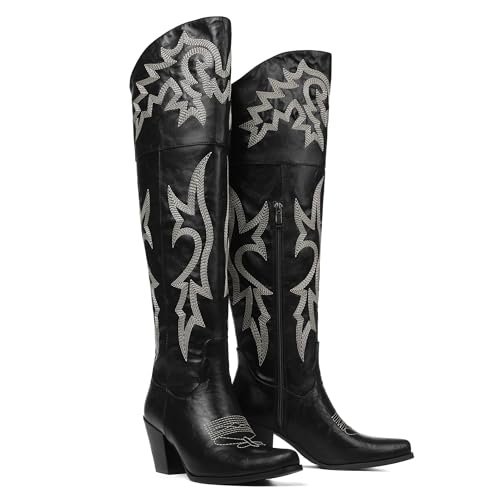Eteridrey Oberschenkelhohe Cowboystiefel für Damen, spitzer Zehenbereich, klobige Absätze, breite Wade, Cowgirl-Stiefel, klassische bestickte Westernstiefel für den Sommer, 1 Lack-PU, 36 EU von Eteridrey