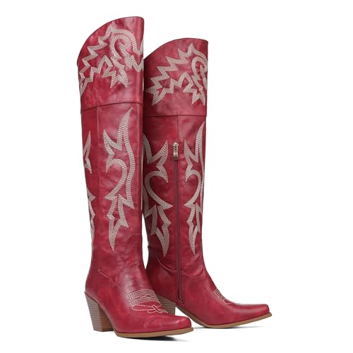 Eteridrey Oberschenkelhohe Cowboystiefel für Damen, spitzer Zehenbereich, klobige Absätze, breite Wade, Cowgirl-Stiefel, klassische bestickte Westernstiefel für den Sommer, 1 rotes Polyurethan, 39 EU von Eteridrey