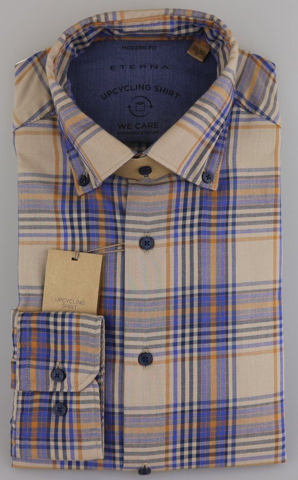 Eterna Klassische Bluse ETERNA MODERN FIT UPCYCLING SHIRT Langarm Hemd blau-beige kariert von Eterna