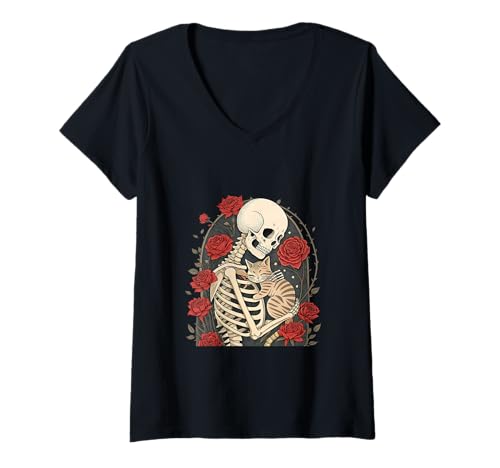 Damen Skelett mit Katze und Rosen Gothic Kunstwerk Halloween T-Shirt mit V-Ausschnitt Damen Skelett mit Katze und Rosen Gothic Kunstwerk Halloween T-Shirt mit V-Ausschnitt von Eternal Art Harmony Collective