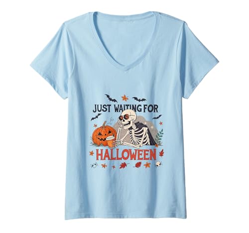 Damen Just Waiting for Halloween Skelett T-Shirt mit V-Ausschnitt Damen Just Waiting for Halloween Skelett T-Shirt mit V-Ausschnitt von Eternal Autumn Vibes