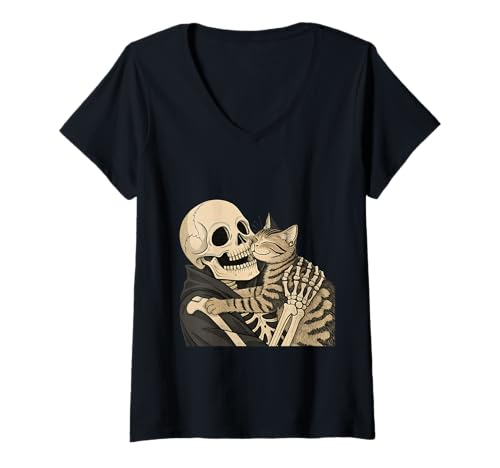 Damen Skelett umarmende Katze Halloween T-Shirt mit V-Ausschnitt Damen Skelett umarmende Katze Halloween T-Shirt mit V-Ausschnitt von Eternal Companions Co.