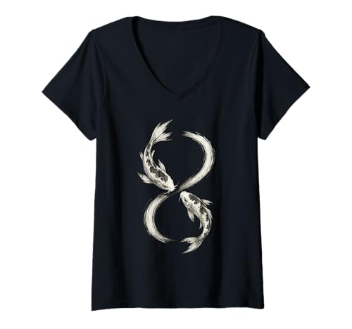 Damen Infinite 8 Yin Yang Koi Fisch Design T-Shirt mit V-Ausschnitt Damen Infinite 8 Yin Yang Koi Fisch Design T-Shirt mit V-Ausschnitt von Eternal Flow