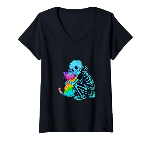 Damen Skelett Umarmung Regenbogen Katze Halloween T-Shirt mit V-Ausschnitt Damen Skelett Umarmung Regenbogen Katze Halloween T-Shirt mit V-Ausschnitt von Eternal Vibes Co.