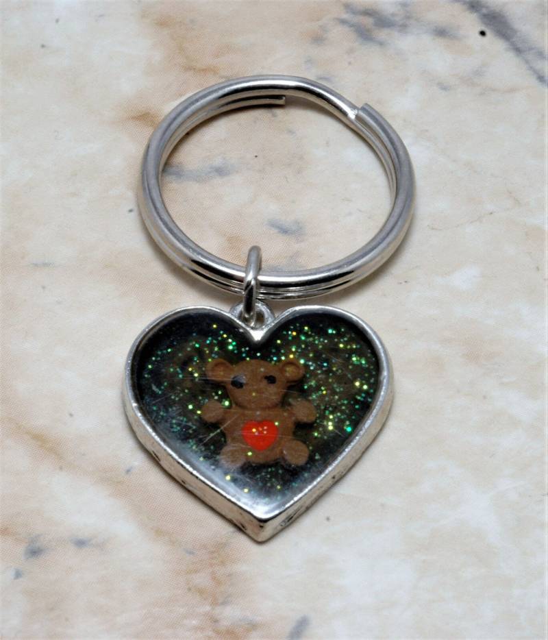 Vintage Eingebettet Emaille Teddybär Herz Silber Ton Schlüsselanhänger Metall von EternalBohemian