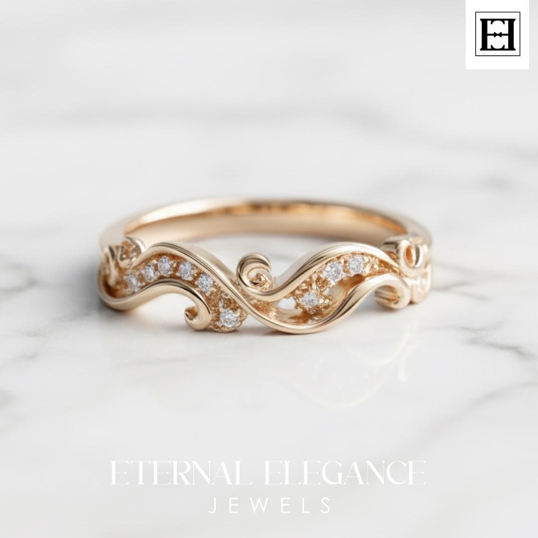 14K Gold Diamant Wellenring - Dainty Swirl Vintage Band von EternaleleganceDE
