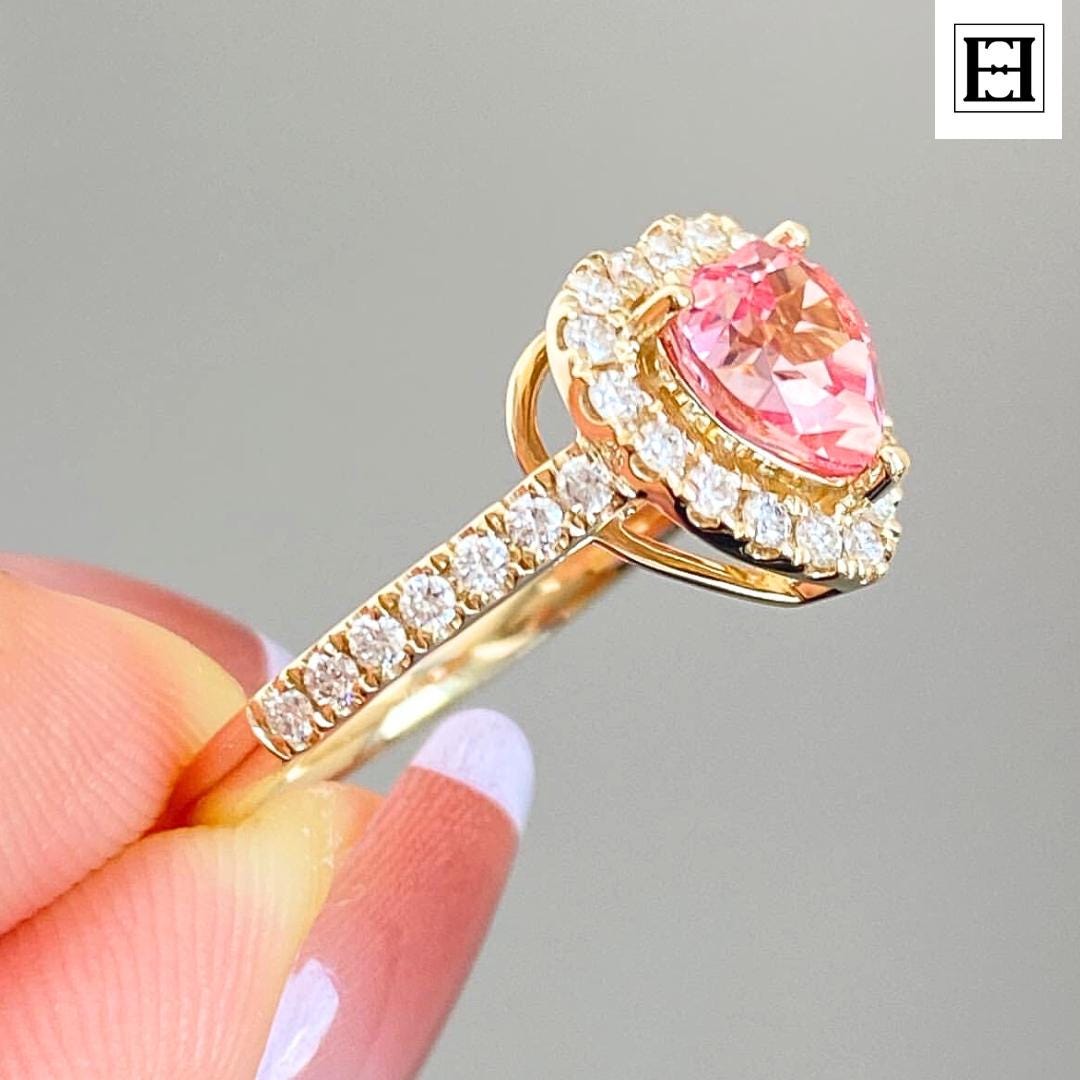 14K Gold Herz Cz Ring Lab Diamant Halo, Versprechensring von EternaleleganceDE