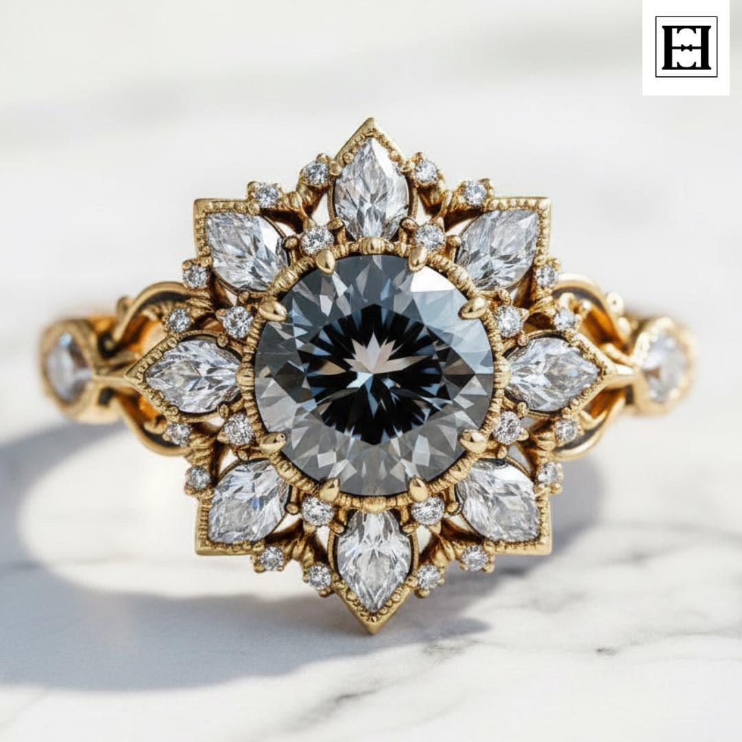 2 Karat Grauer Runder Moissanit Verlobungsring, Vintage Floral Halo, Marquise Diamant Akzente, 14K Gold Antiker Ring Für Sie von EternaleleganceDE