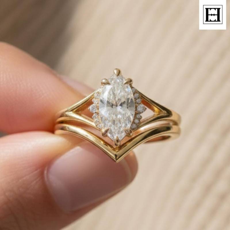 2 Karat Marquise Labor Diamant Ring Set Gold Halo & Chevron Band von EternaleleganceDE