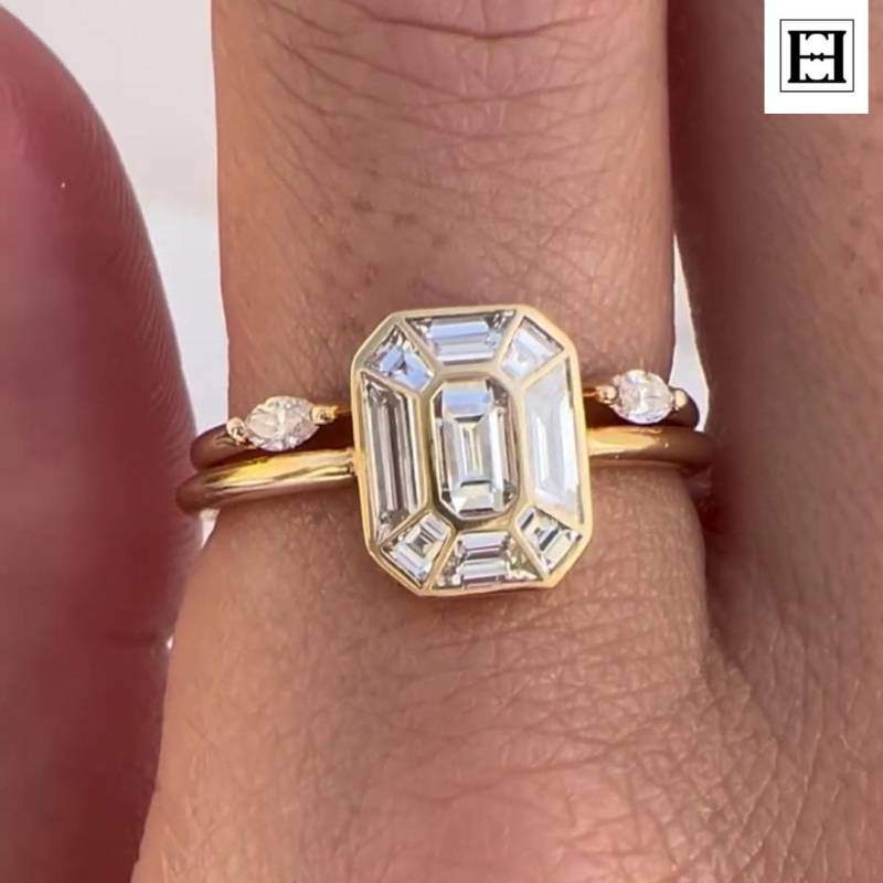 Moissanit Verlobungsring Mit Smaragdschliff 14K Gold Pie Cut Diamantband von EternaleleganceDE