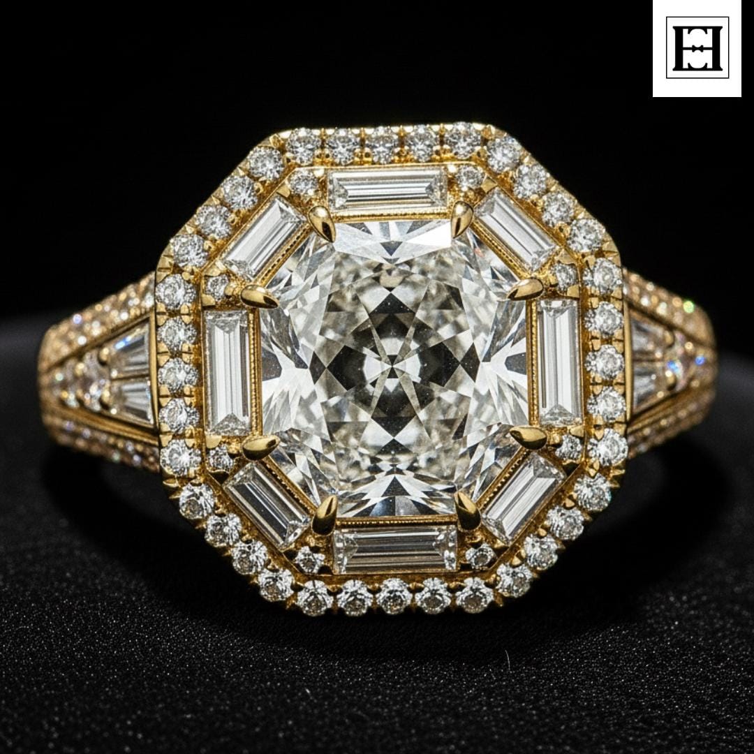 3 Karat Oktagon Moissanit Verlobungsring Vintage Halo Gelbgold 14K von EternaleleganceDE