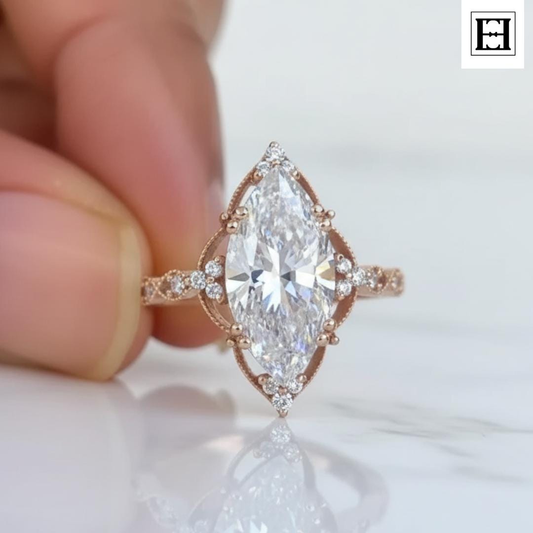 4 Kt Marquise Moissanit Verlobungsring Roségold Vintage Halo von EternaleleganceDE