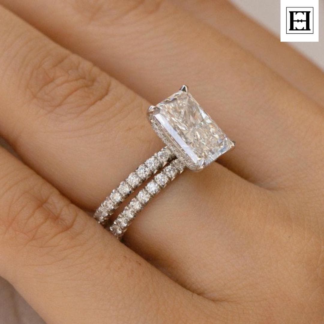 4Ct Moissanit Verlobungsring Set, Diamant Pave Band, Weißgold Brautschmuck von EternaleleganceDE