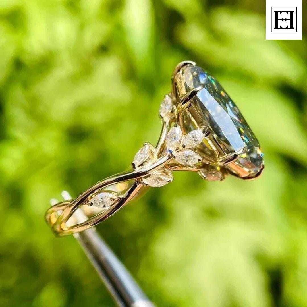 Florales Blattgold Moissanit Ring 3.5 Karat Dunkelgraue Dutch Marquise von EternaleleganceDE