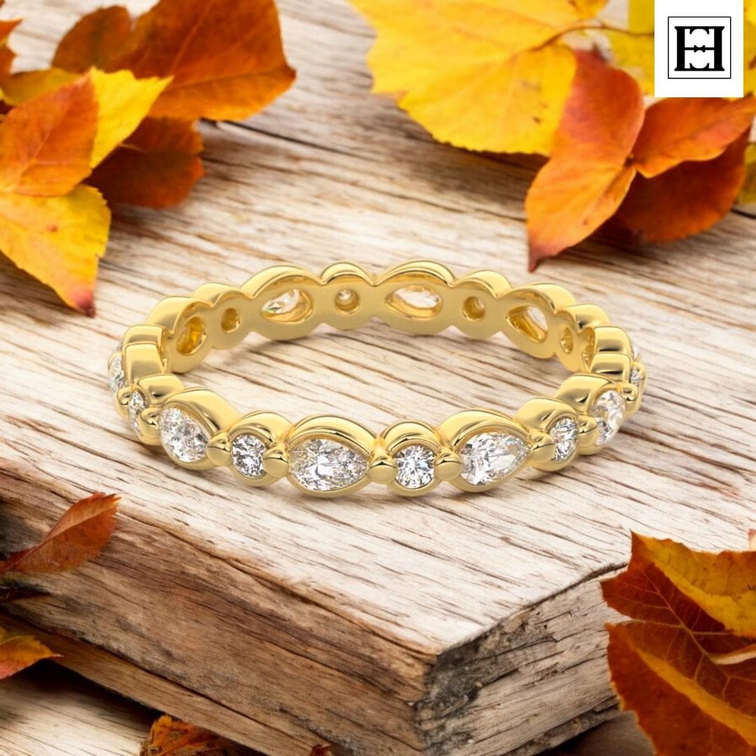 Moissanit Eternity Band 14K Gelbgold Birne & Rund Stapelring von EternaleleganceDE