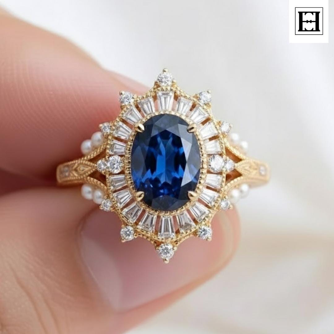 Ovaler Blauer Saphir Verlobungsring, Art Deco Halo Ring Mit Baguette Und Runden Diamanten, 14K Gelbgold Vintage Style Ring, Brautschmuck von EternaleleganceDE