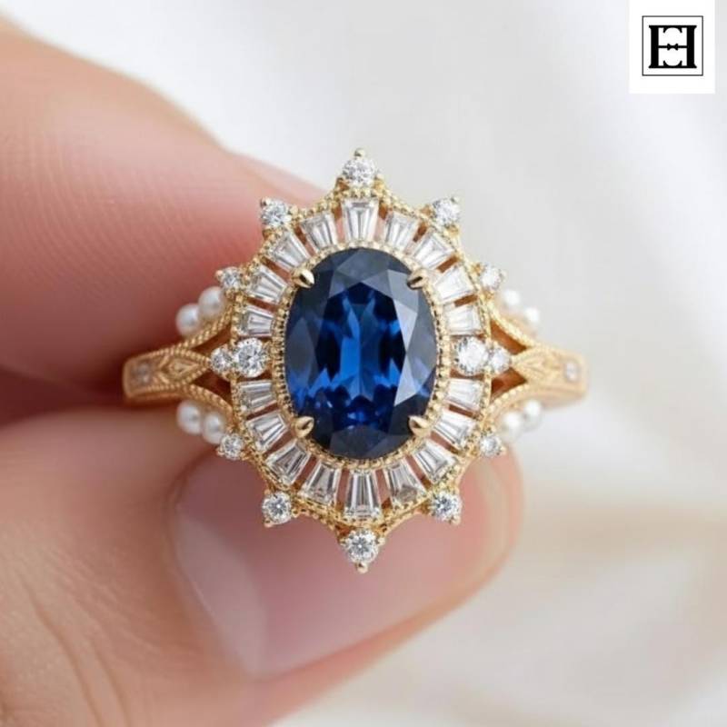 Ovaler Blauer Saphir Verlobungsring, Art Deco Halo Ring Mit Baguette Und Runden Diamanten, 14K Gelbgold Vintage Style Ring, Brautschmuck Ovaler Blauer Saphir Verlobungsring, Art Deco Halo Ring Mit Baguette Und Runden Diamanten, 14K Gelbgold Vintage Style Ring, Brautschmuck von EternaleleganceDE