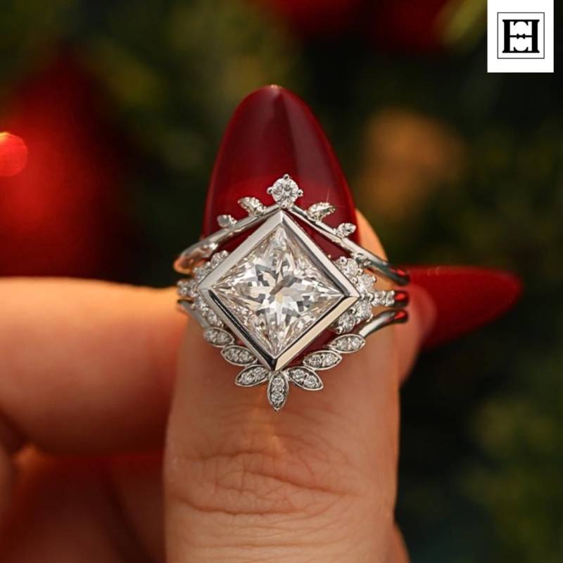 Princess Cut Moissanit Verlobungsring Set - Einzigartiger Art Deco Ehering Mit Blattdetails Vintage-Inspiriertes Brautring von EternaleleganceDE