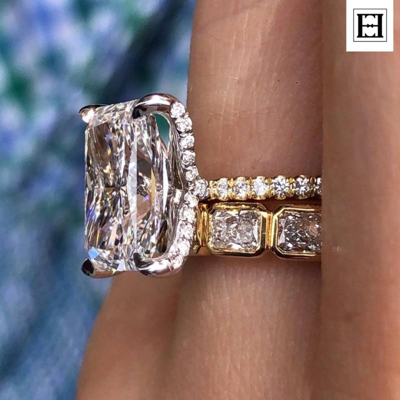 Radiant Cut Moissanit Verlobungsring Set Diamant Band 14K Gold Stack Radiant Cut Moissanit Verlobungsring Set Diamant Band 14K Gold Stack von EternaleleganceDE