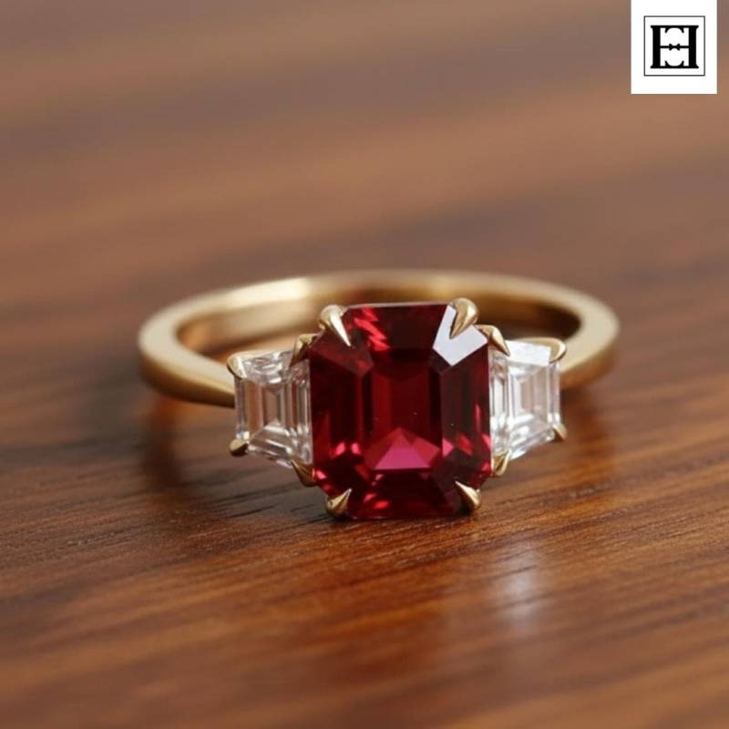 Roter Rubin Smaragd Schliffring 14K Gelbgold Drei Stein, Trapezförmige Seiten Roter Rubin Smaragd Schliffring 14K Gelbgold Drei Stein, Trapezförmige Seiten von EternaleleganceDE