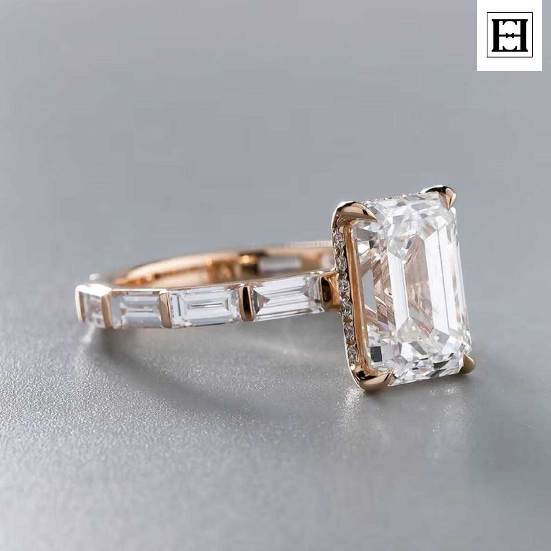 Smaragdschliff Diamant Verlobungsring 14K Rose Gold Hidden Halo von EternaleleganceDE