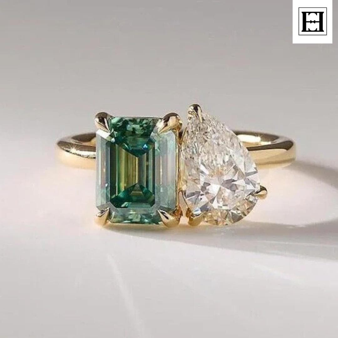 Toi-Et-Moi Moissanite Verlobungsring Mit Smaragd Und Birnenschliff, Hochzeitsjubiläum Doppelstein Für Sie, Smaragdring Zwei Diamanten von EternaleleganceDE