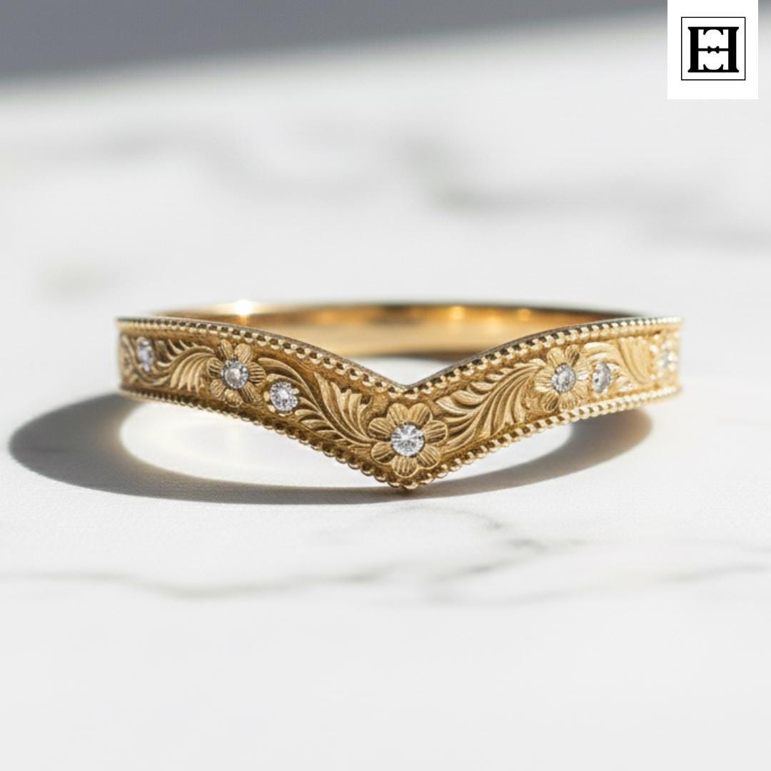 Vintage Floral Labrador Diamant Ehering Massiv Gold Milgrain Ring von EternaleleganceDE