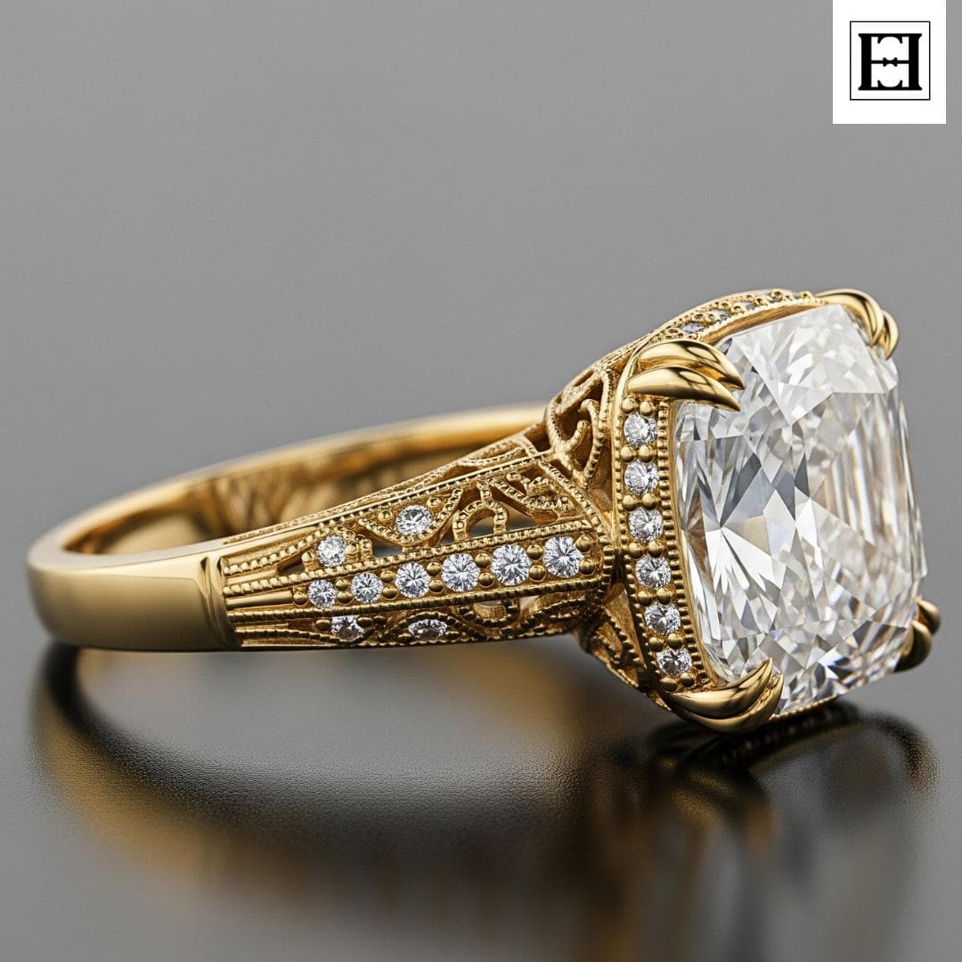 Vintage Style 3.5 Carat Kissenschliff Moissanite Verlobungsring - Gold Filigree, Diamant Akzente von EternaleleganceDE