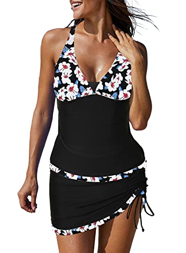 Eternatastic Tankini-Badeanzüge mit Rock, 2-teilig, Bademode mit Farbblock, Badeanzüge für Damen, V-Ausschnitt, Leopardenmuster, Bk-white Floral-503, Medium von Eternatastic