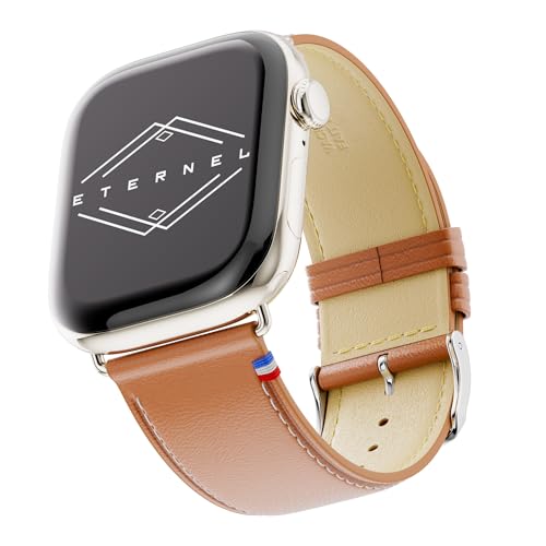 Eternel – Simple tour Armband ikonisch – Kompatibel mit allen Apple Watch Modellen – 45/46mm – Handgefertigt in Frankreich – Pflanzlich gegerbtes Leder – Gold – Adapter in argent brillant von Eternel