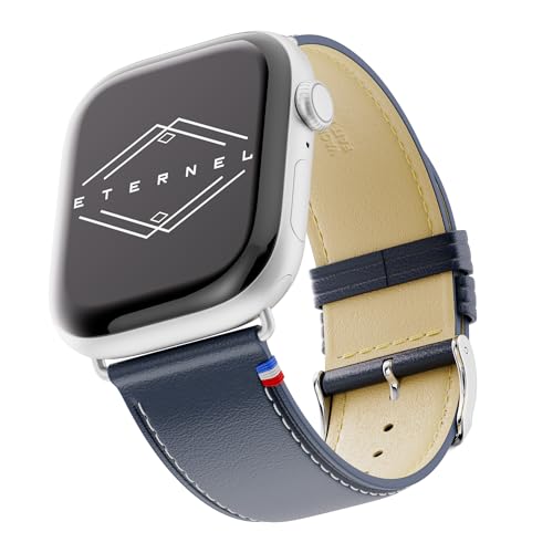 Eternel – Simple tour Armband ikonisch – Kompatibel mit allen Apple Watch Modellen – 45/46mm – Handgefertigt in Frankreich – Pflanzlich gegerbtes Leder – Bleu Marine – Adapter in aluminium argent von Eternel