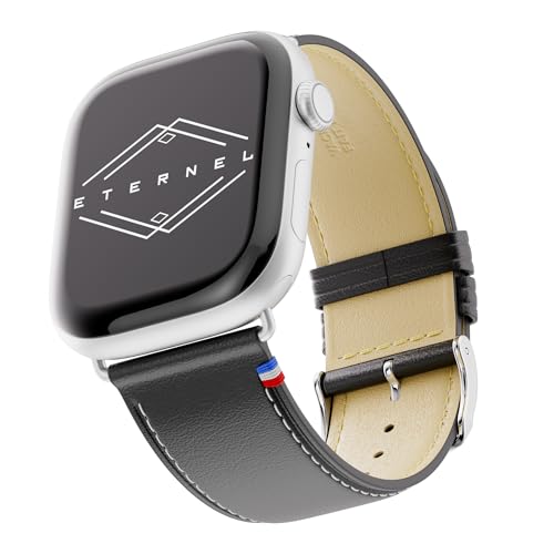 Eternel – Simple tour Armband ikonisch – Kompatibel mit allen Apple Watch Modellen – 41/42mm – Handgefertigt in Frankreich – Pflanzlich gegerbtes Leder – Noir – Adapter in aluminium argent von Eternel