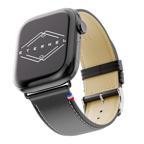 Eternel – Simple tour Armband ikonisch – Kompatibel mit allen Apple Watch Modellen – 45/46mm – Handgefertigt in Frankreich – Pflanzlich gegerbtes Leder – Noir – Adapter in aluminium noir von Eternel