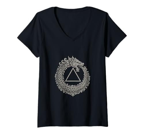 Damen Ouroboros Legendäre Schlange Schlange Geometrie Infinity Grafik T-Shirt mit V-Ausschnitt von Eternity Shop