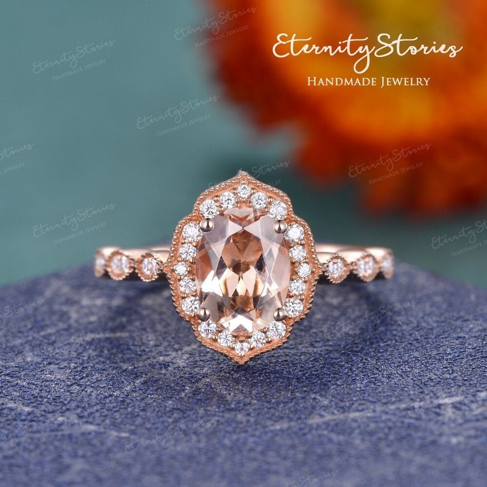 Art Deco Oval Cut Morganit Verlobungsring Rosegold Vintage Ring Halb Ewigkeit Diamant Halo Milgrain Braut Blume Inspiriert von EternityStories