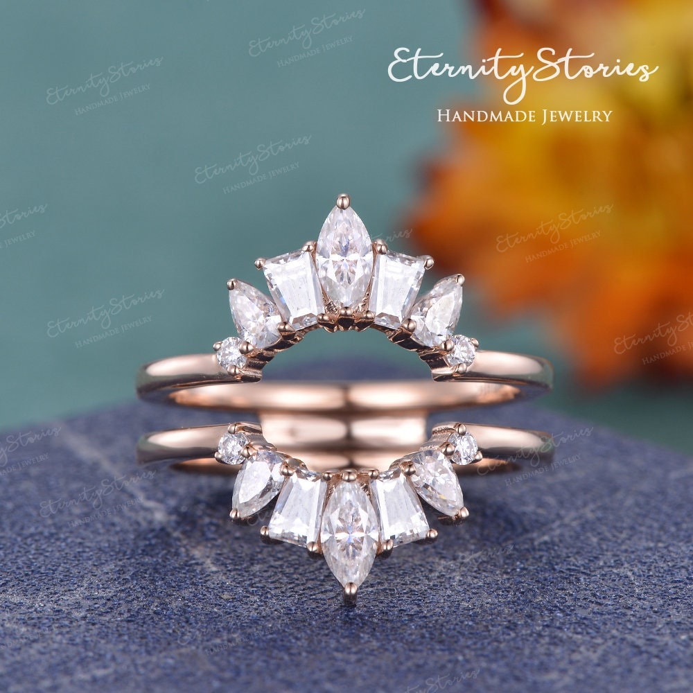 Baguette Moissanit Hochzeitsband Rosegold Doppel Gewölbt Frauen Simuliert Diamant Ring Enhance Custom Fit Jahrestag Geschenk Für Sie von EternityStories