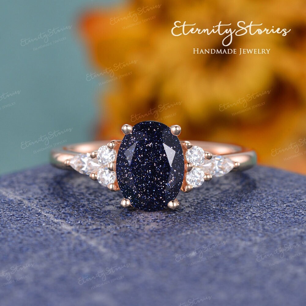 Blauer Sandstein Verlobungsring Rosegold Ovalschliff Galaxy Kristall Marquise Diamant Cluster Ring Zarte Versprechen Frauen von EternityStories