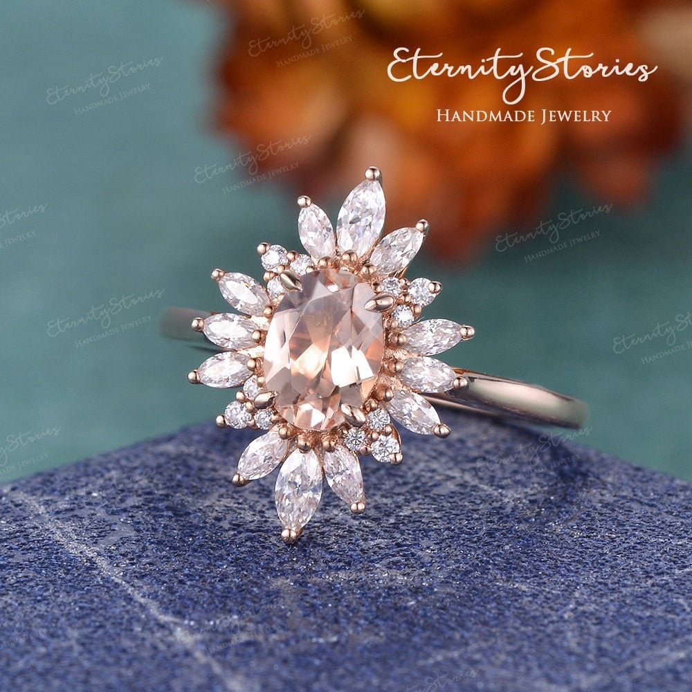 Cocktail Ring Oval Morganit Verlobungsring 14K/18K Roségold Marquise Moissanit Heiligenschein Dom Inspiriert Jahrestag von EternityStories