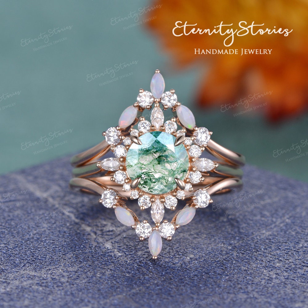 Einzigartiger Sonnenschein Moos Achat Verlobungsring Set Art Deco Opal Ehering Grün Braut Rosegold Dom Ring Kristall von EternityStories