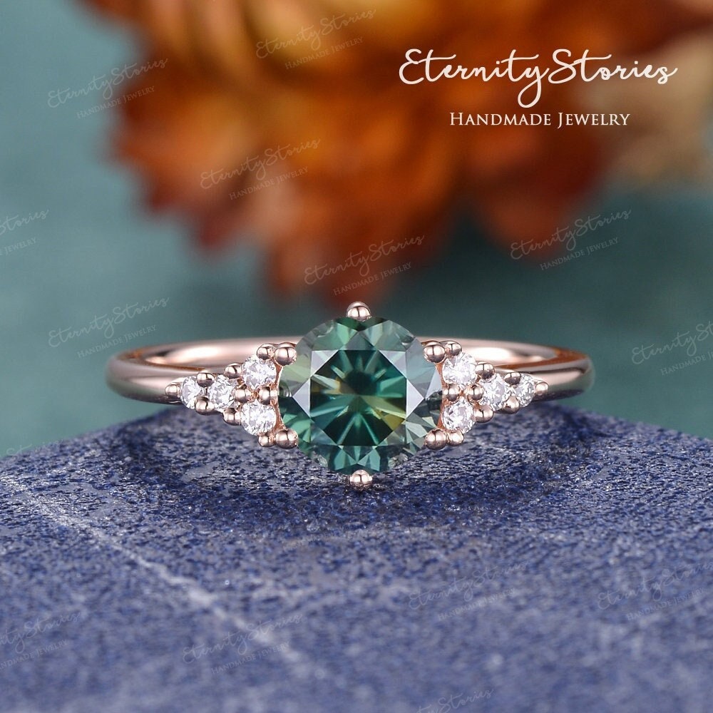 Grüner Moissanit Verlobungsring Rundschliff Ring Rosegold Ehering Unikat Diamant Cluster Versprechen Jahrestag Geschenk von EternityStories