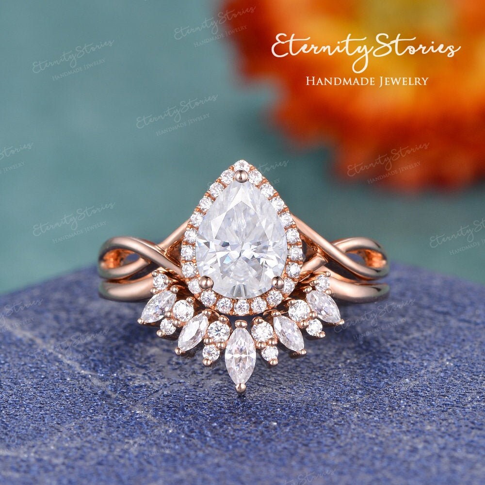 Infinity Moissanit Verlobungsring Set Pear Rose Gold Braut Marquise Hochzeitsring Frauen Diamant Halo Stapelring Jahrestag Geschenk von EternityStories