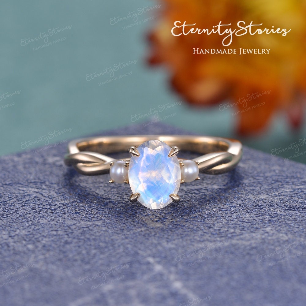 Infinity Mondstein Verlobungsring Drei Stein Roségold Oval Regenbogen Brautring Perle Juni Geburtsstein Versprechen von EternityStories