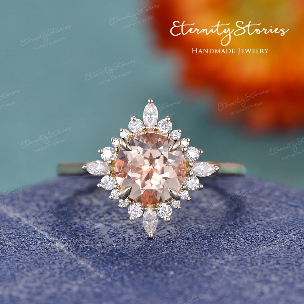 Marquise Halo Cocktail Ringround Cut Morganit Verlobungsring Rosegold Frauen Unikat Moissanit/Diamant Heiligenschein Ring Brautblume Inspiriert von EternityStories