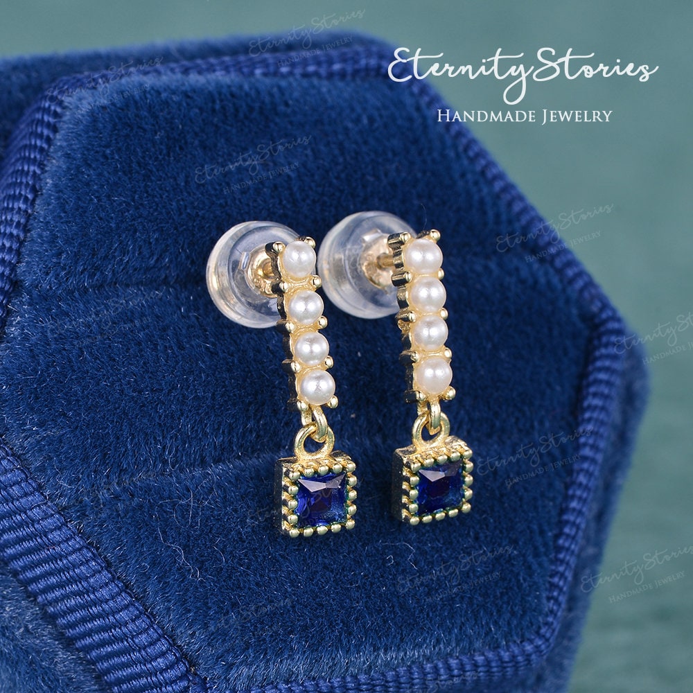 Natürliche Saphir Ohrring Vintage Perle Art Deco Ohrringe Solide Rose Gold Tropfen Mini Schmuck Frauen von EternityStories