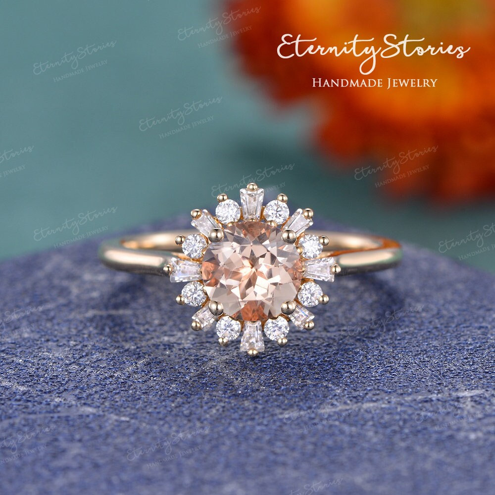 Oval Cut Morganit Verlobungsring Cocktail Ring Gelb Gold Frauen Baguette Schliff Diamant/Moissanite Halo Blume Jahrestag von EternityStories