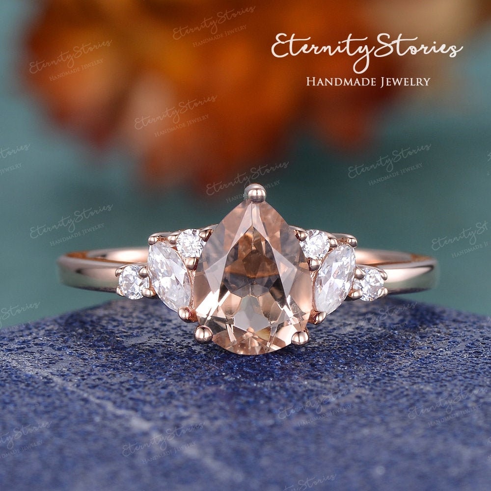 Pear Shaped Morganit Verlobungsring Roségold Ehering Unikat Marquiseschliff Diamant Cluster Ring Geschenk Für Frauen Versprechen von EternityStories