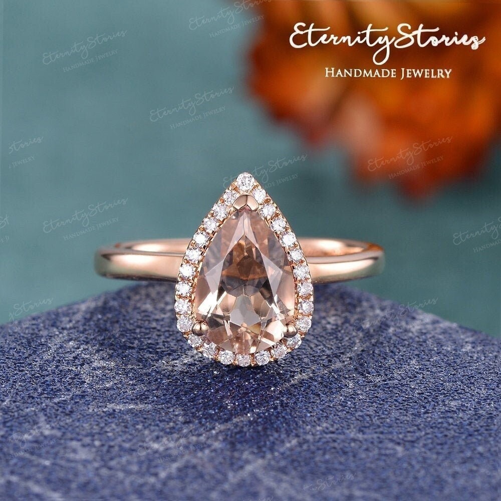 Pear Shaped Morganit Verlobungsring Rosegold Frauen Halo Moissanit Ring Minimalist Solitär Diamant Braut Geschenk Jahrestag von EternityStories